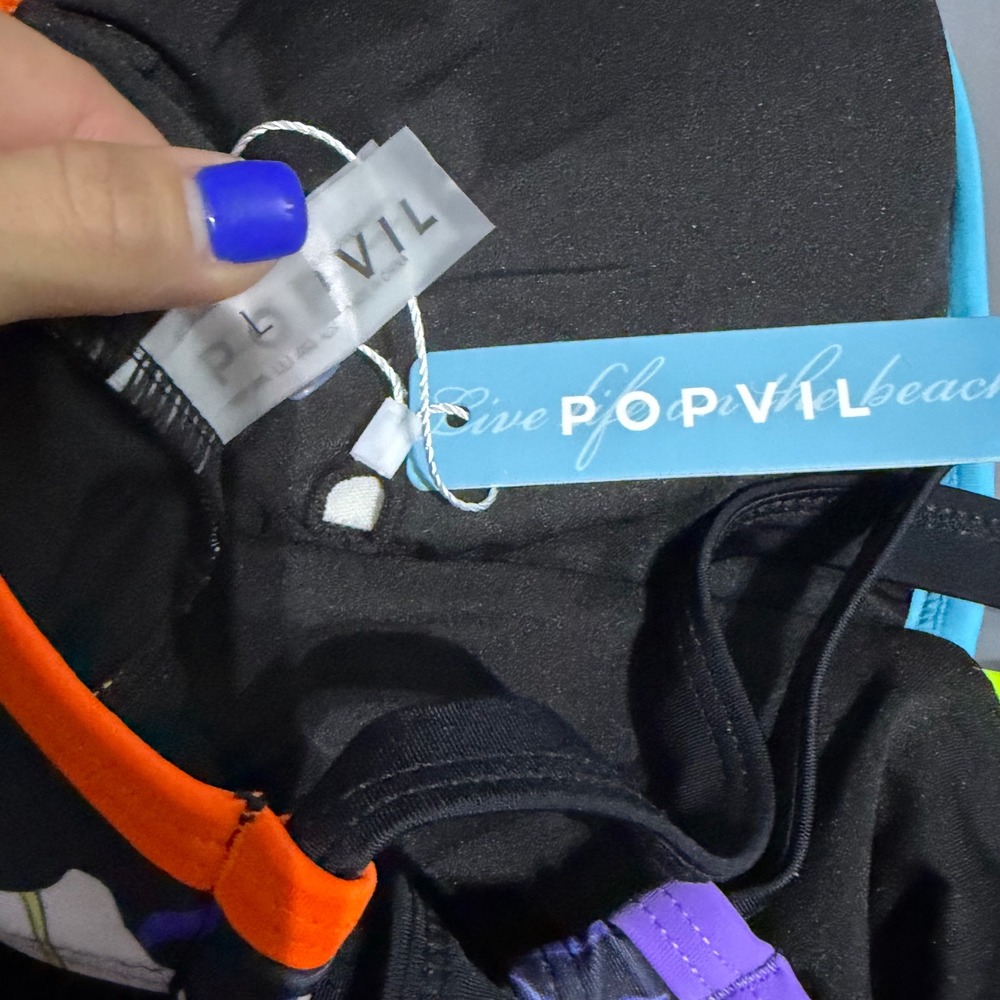 NWT Popvil One Piece Tummy Control Swimsuit Neon Color Block V Neck Large - Picture 7 of 7